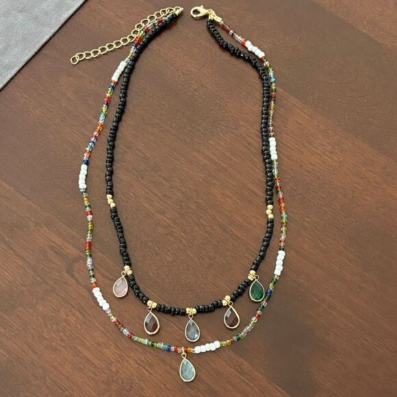Bohemian 2-Layer Colorful Beaded Necklace with Gemstone Charms | 15” + Extender - Picture 3 of 3